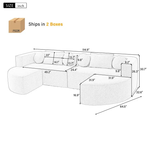 Boneless Modular Sectional Sofa Set 114.9" Free-Combined Chenille L-Shape Modern Villa Sofa Bed with Deep Seating Eco-Friendly 