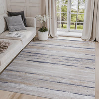 5X7 Ivory/Blue Striped Non-Shedding Area Rug