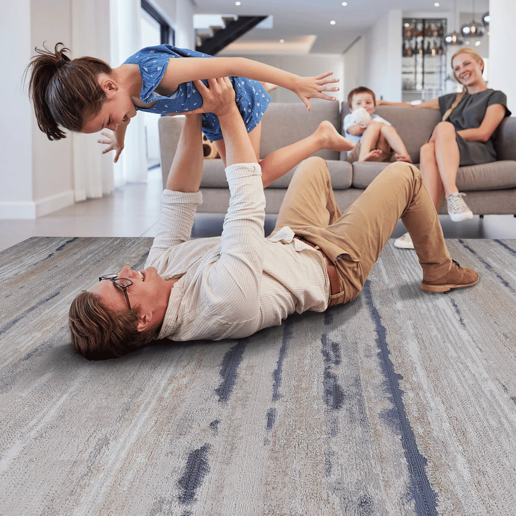 5X7 Ivory/Blue Striped Non-Shedding Area Rug