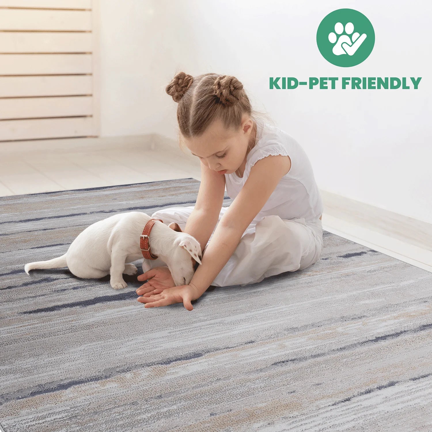5X7 Ivory/Blue Striped Non-Shedding Area Rug